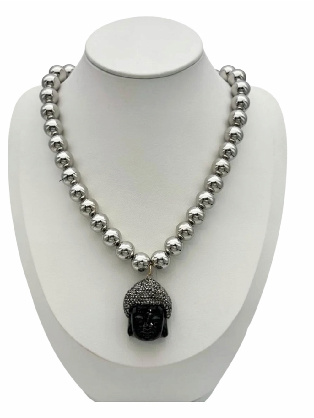 Beaded Necklace with Black Buddha Pendant NWT Gold Plated Brass PVD Coated